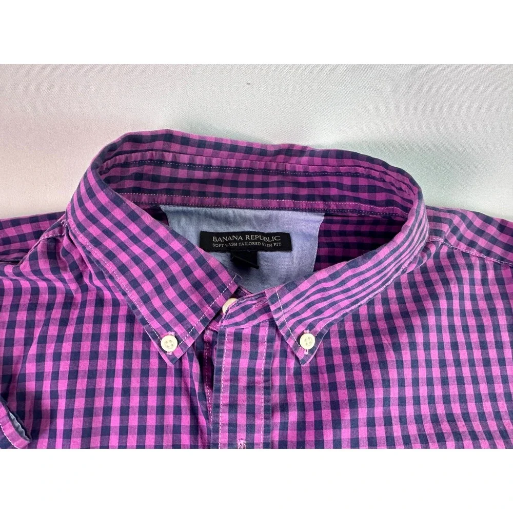 Banana Republic Purple Gingham Soft Wash Tailored Slim Fit Button Down Men Large